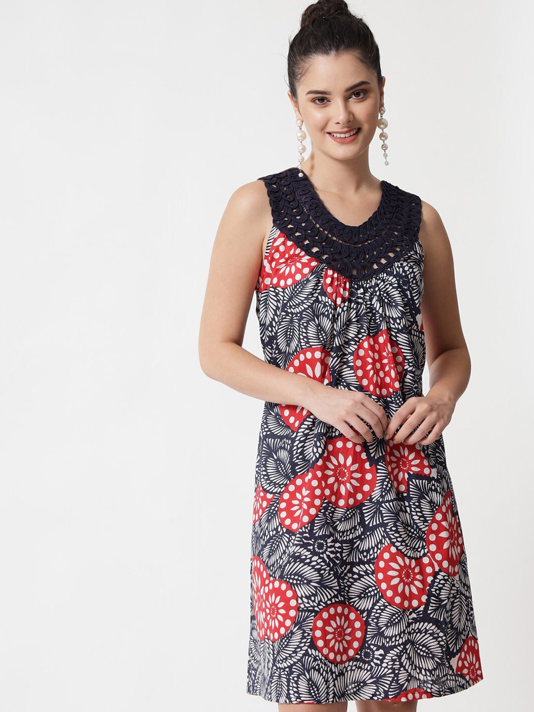 

MAXENCE Women Black & White Floral A-Line Mini Dress