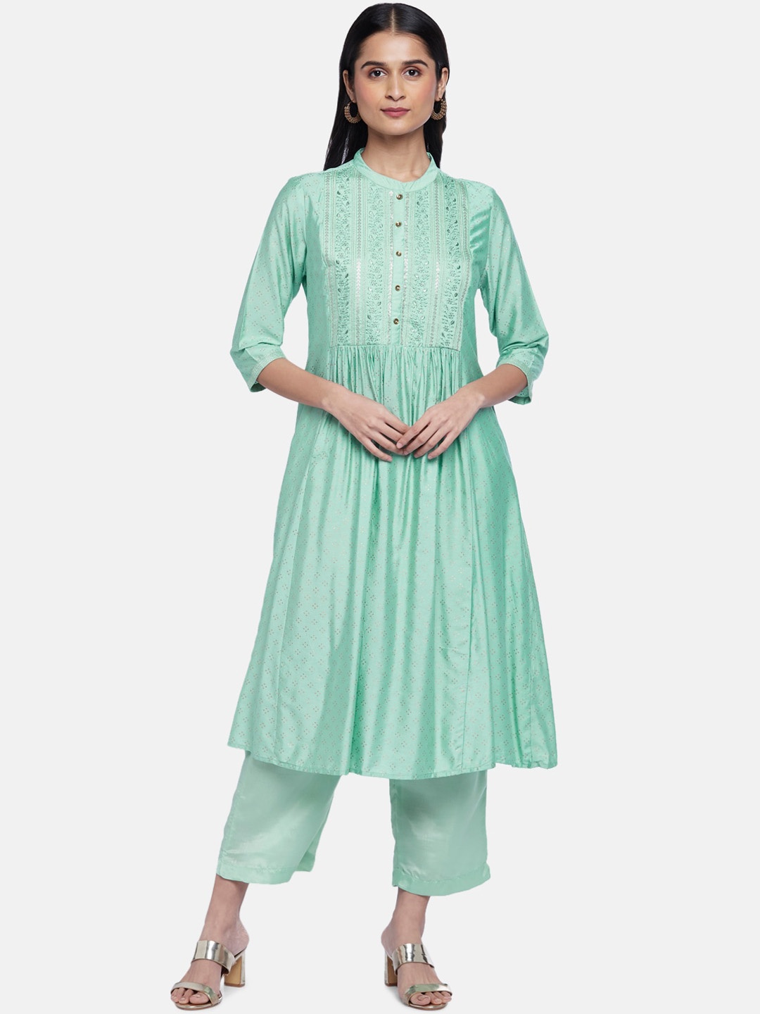 

RANGMANCH BY PANTALOONS Women Sea Green Yoke Design Pleated Kurta with Trousers