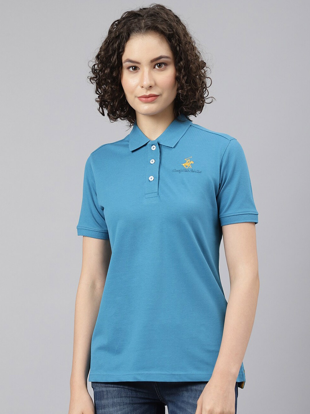 

Beverly Hills Polo Club Women Turquoise Blue Solid Cotton Polo Collar T-shirt