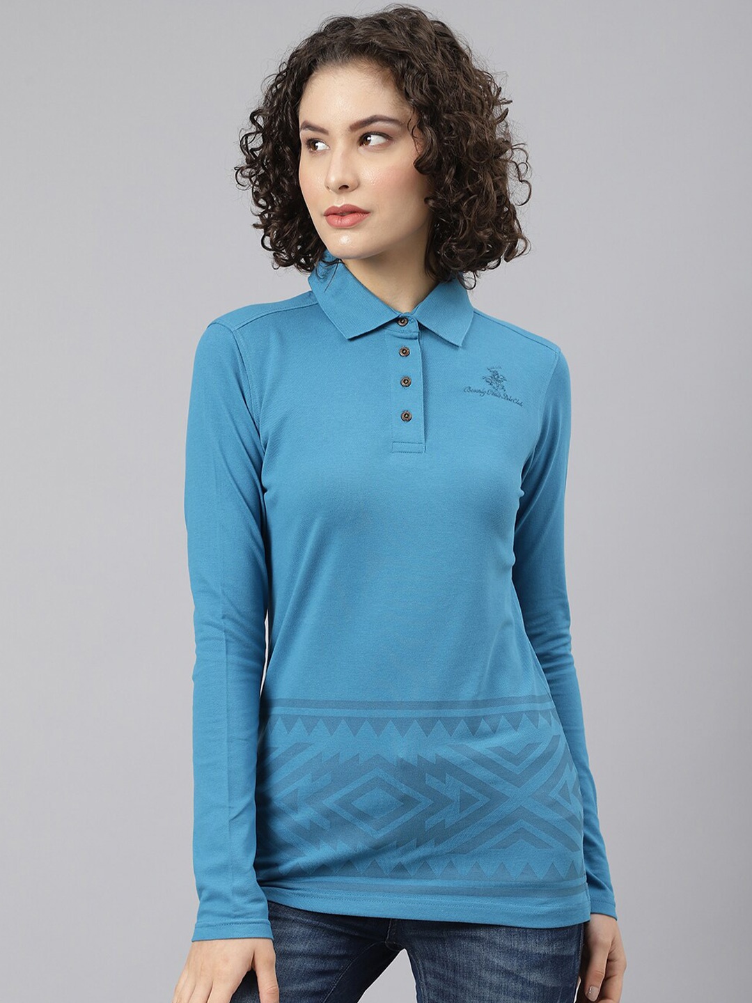 

Beverly Hills Polo Club Women Turquoise Blue Printed Polo Collar T-shirt