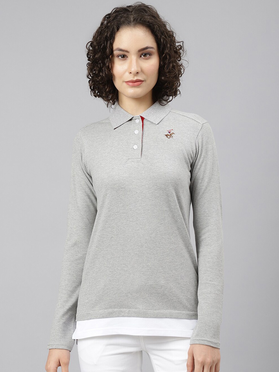 

Beverly Hills Polo Club Women Grey & White Polo Collar T-shirt