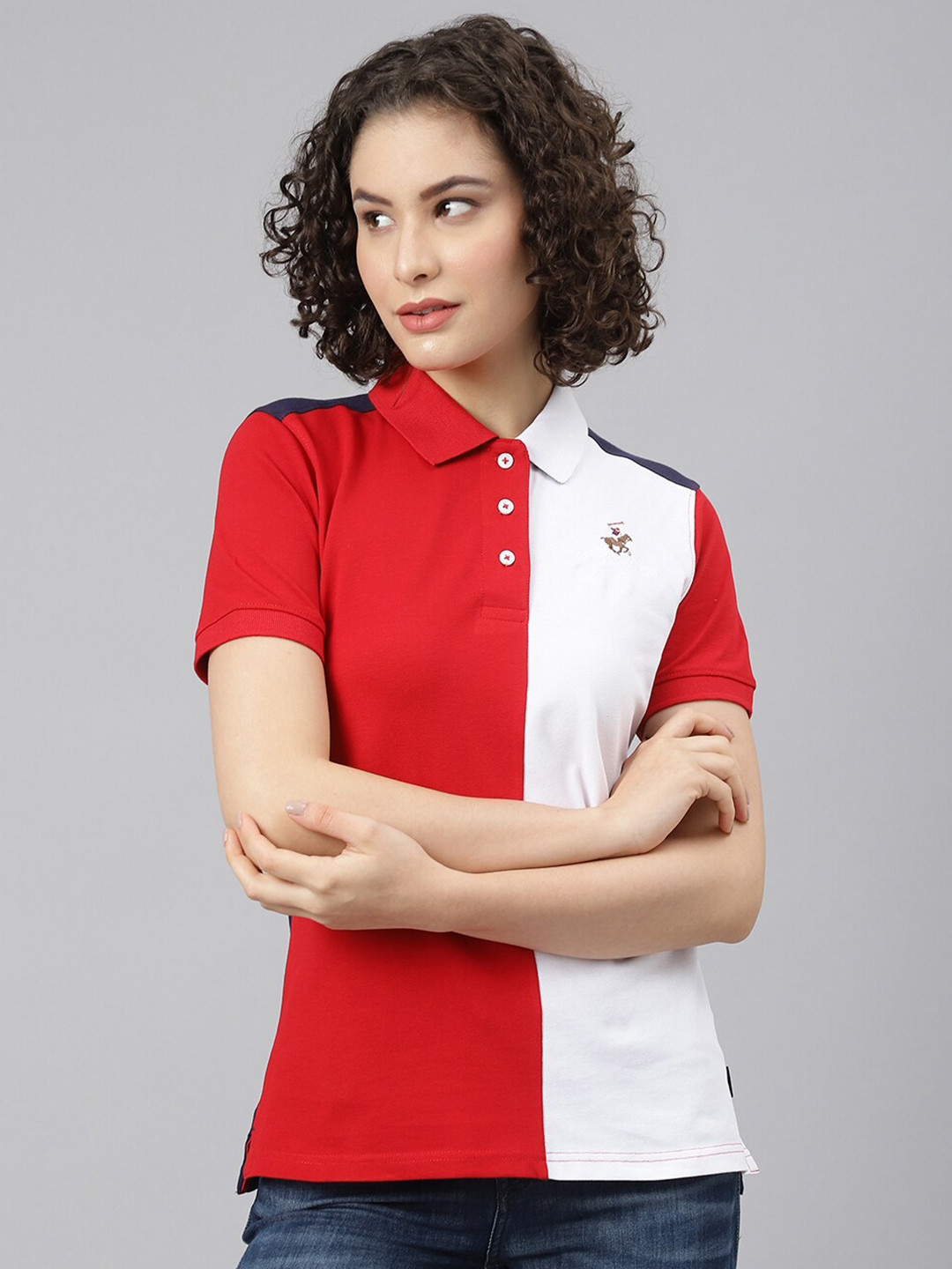

Beverly Hills Polo Club Women Red & White Colourblocked Polo Collar T-shirt