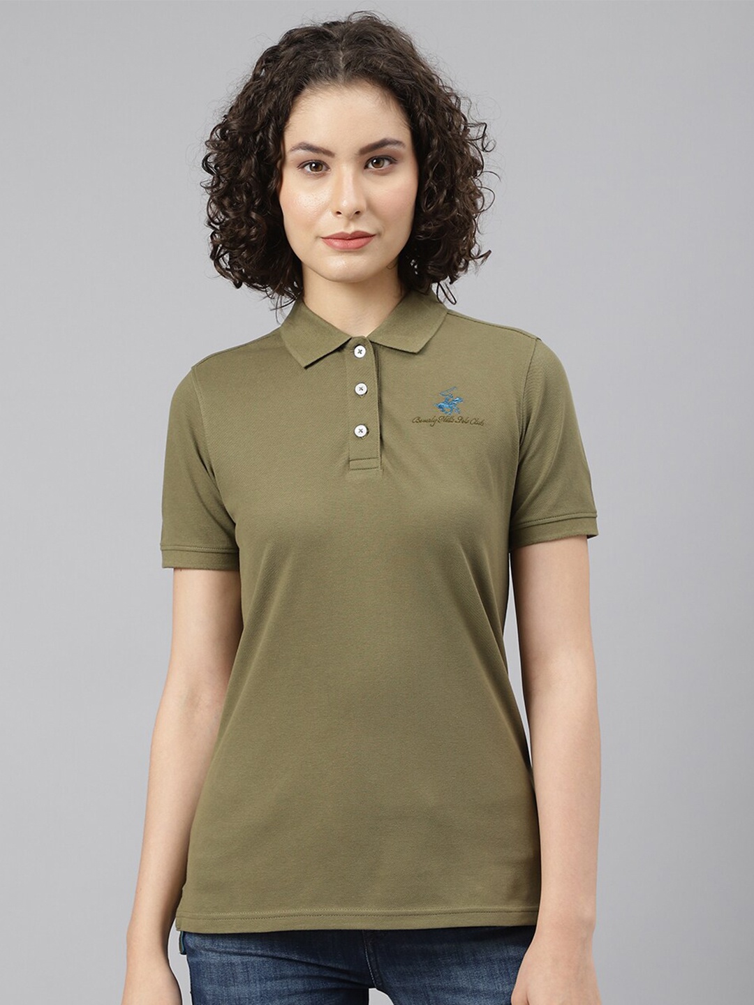 

Beverly Hills Polo Club Women Olive Green Polo Collar T-shirt
