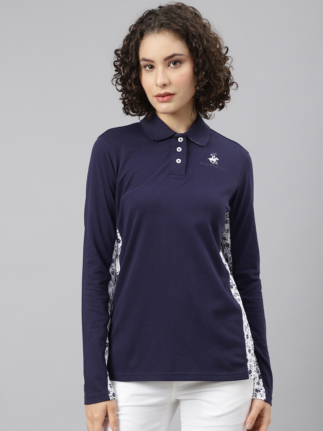 

Beverly Hills Polo Club Women Navy Blue Polo Collar T-shirt