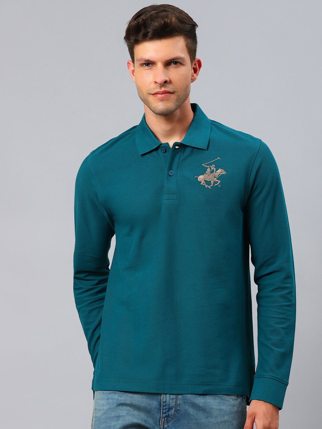 

Beverly Hills Polo Club Men Turquoise-Blue Solid Cotton Core Plaited Polo T-Shirt