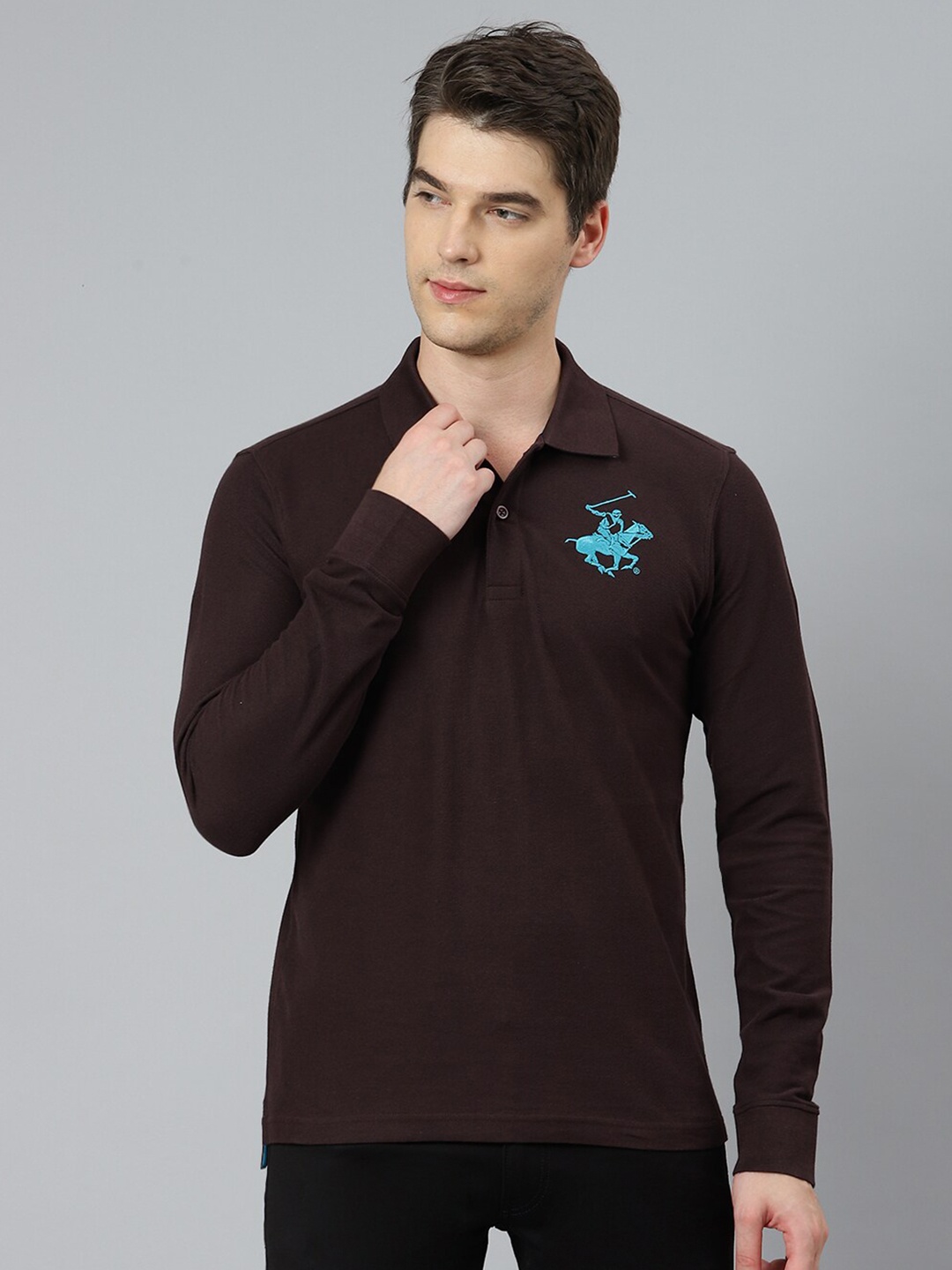 

Beverly Hills Polo Club Men Coffee Brown Solid Cotton Polo Collar T-shirt