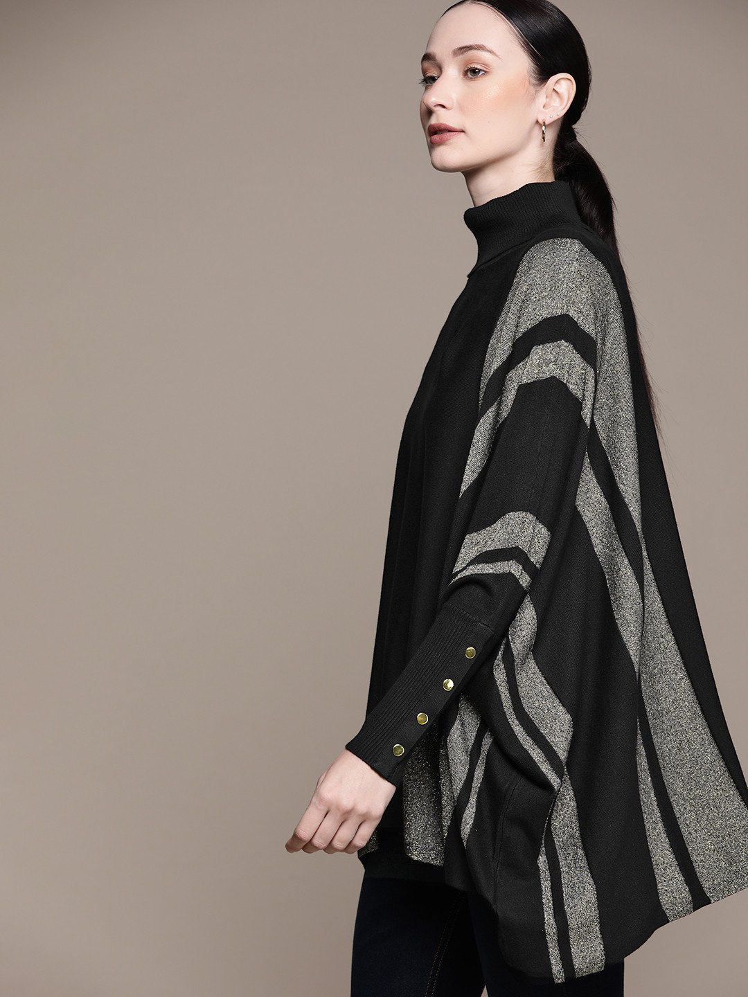 

Macy's Alfani Women Striped Shimmery Poncho, Black