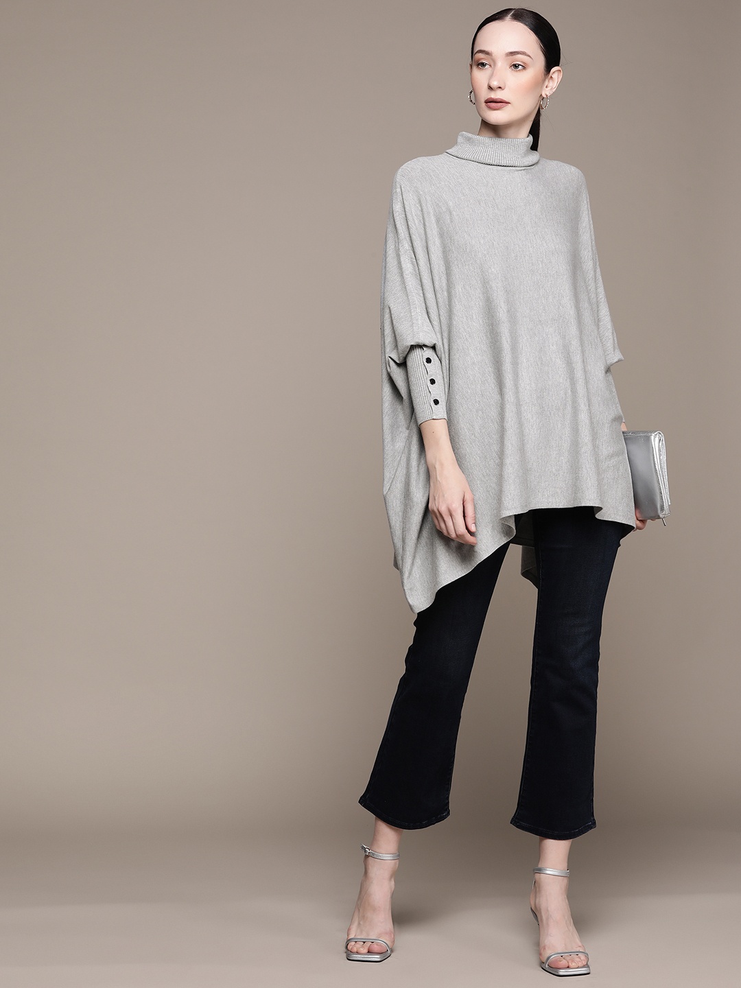 

Macy's Alfani Women Turtleneck Batwing Sleeves Longline Pullover, Grey melange