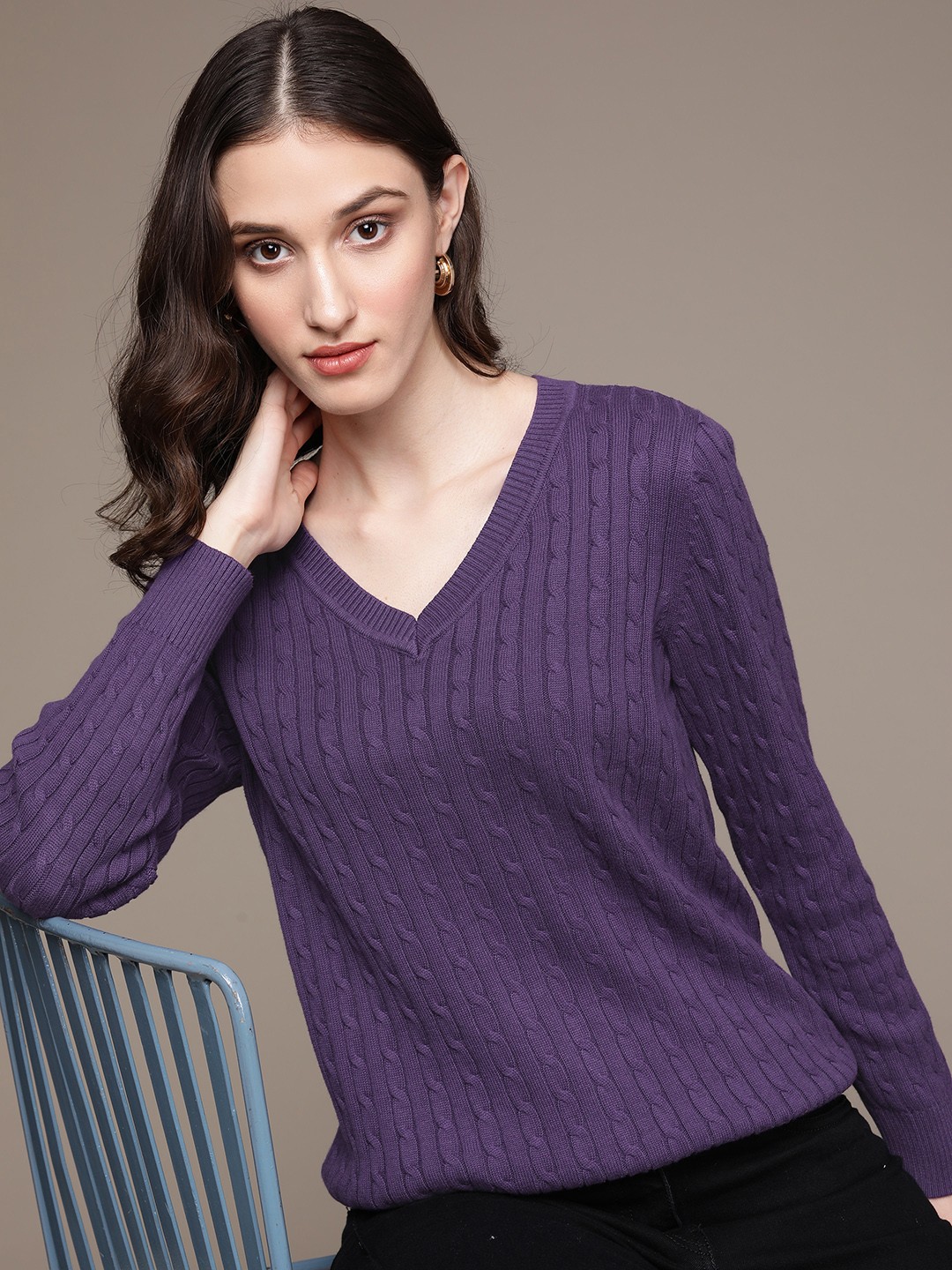 

Macy's Karen Scott Women Purple Cable Knit Cotton Pullover
