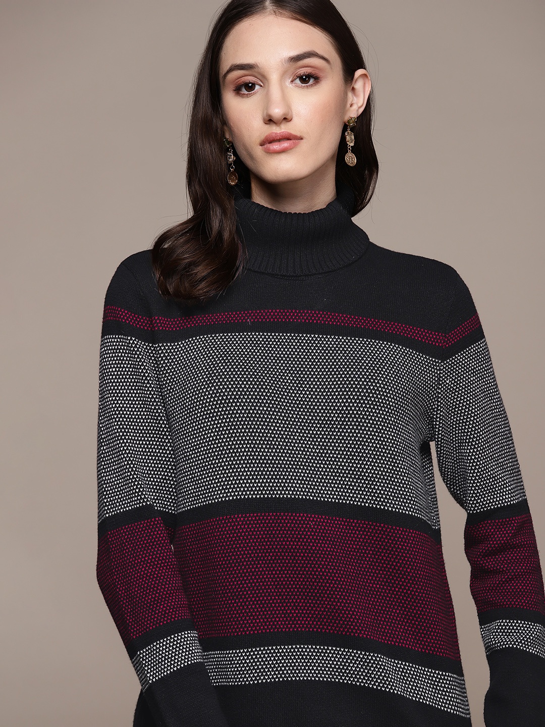 

Macy's Karen Scott Women Pure Cotton Colourblocked Striped Pullover, Black