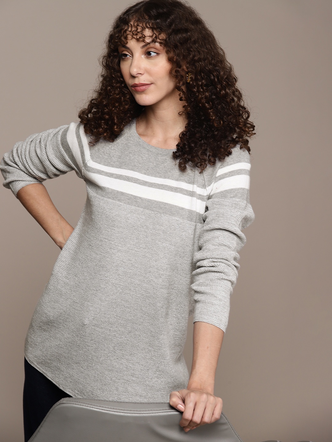 

Macy's Karen Scott Women Grey Melange Striped Raglan Sleeves Pure Cotton Pullover
