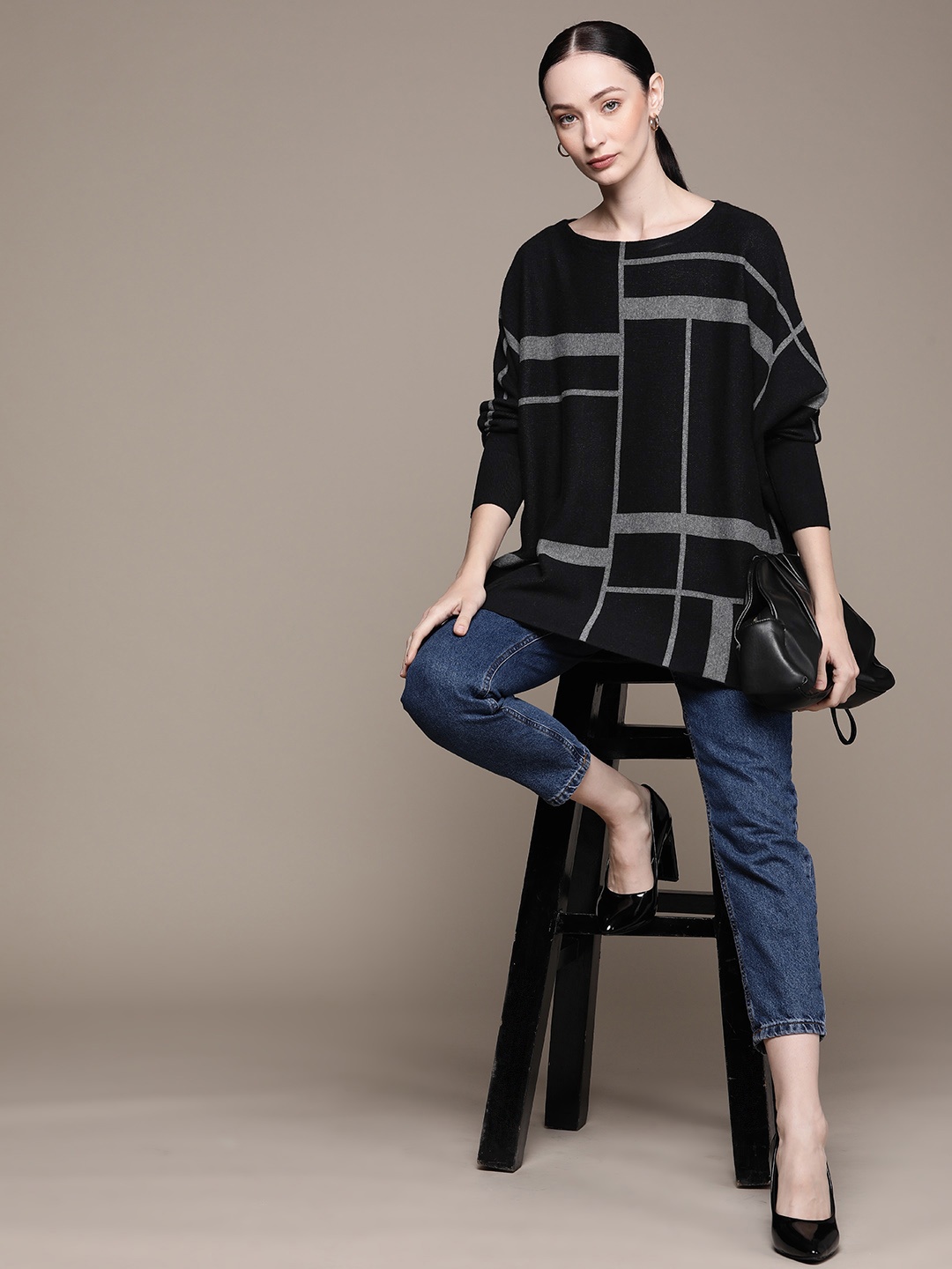 

Macy's Alfani Women Checked Longline Pullover, Black