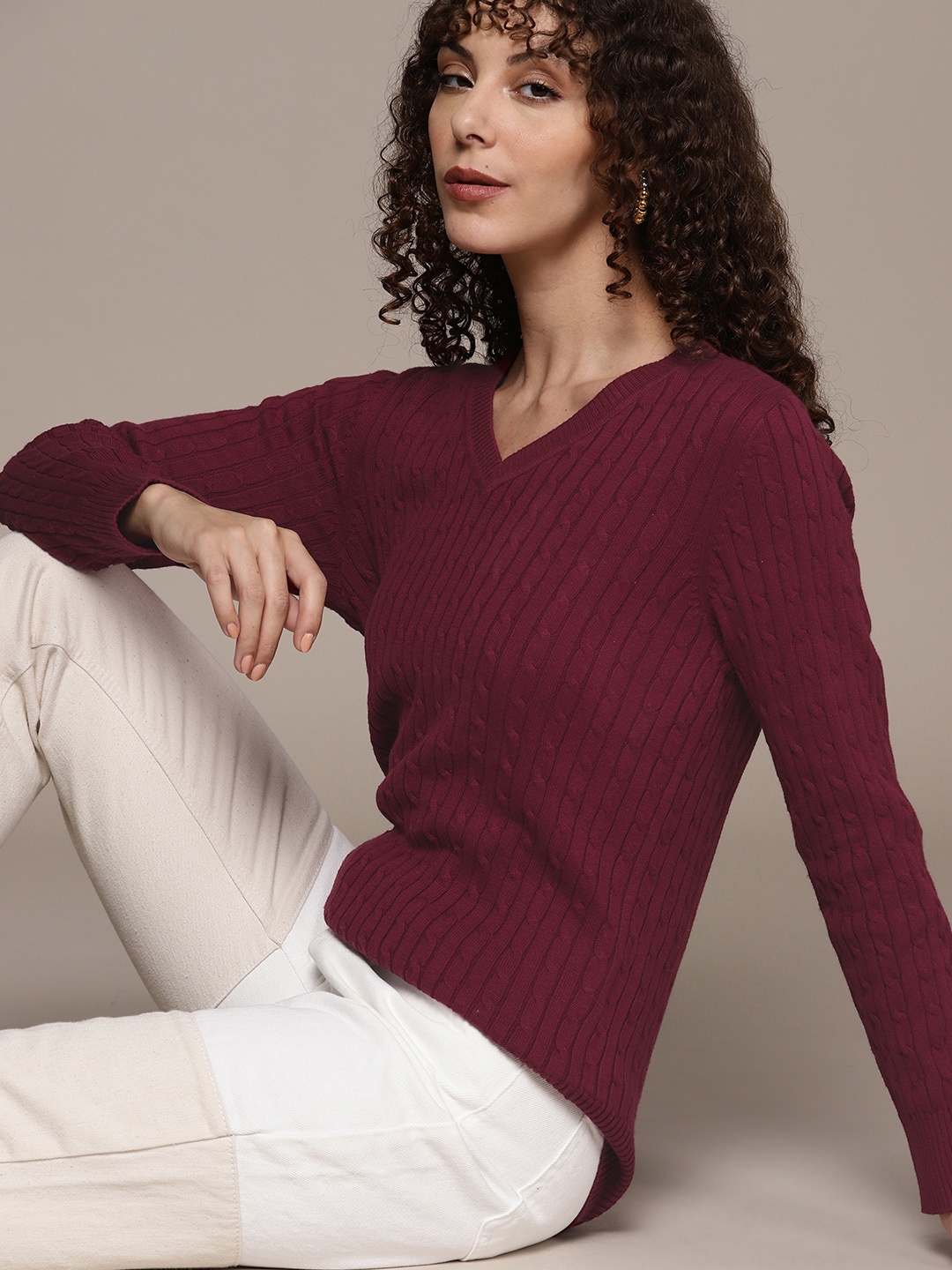 

Macy's Karen Scott Women Cable Knit Cotton Pullover, Maroon