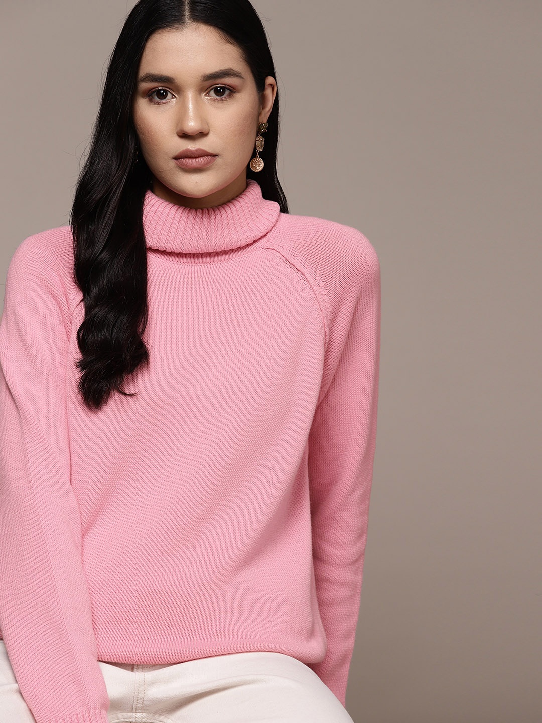 

Macy's Karen Scott Women Solid Turtle Neck Pure Cotton Pullover, Pink