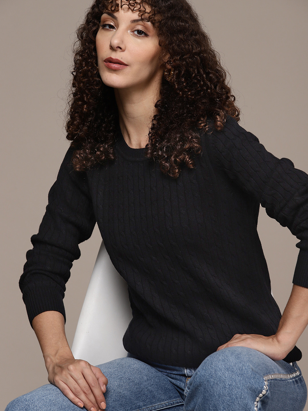 

Macy's Karen Scott Women Black Cable Knit Pure Cotton Pullover