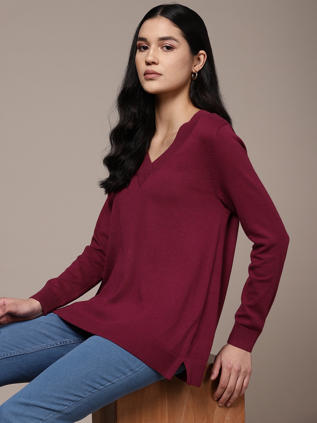 

Macy's Karen Scott Women Ribbed V-Neck Pure Cotton Pullover, Maroon