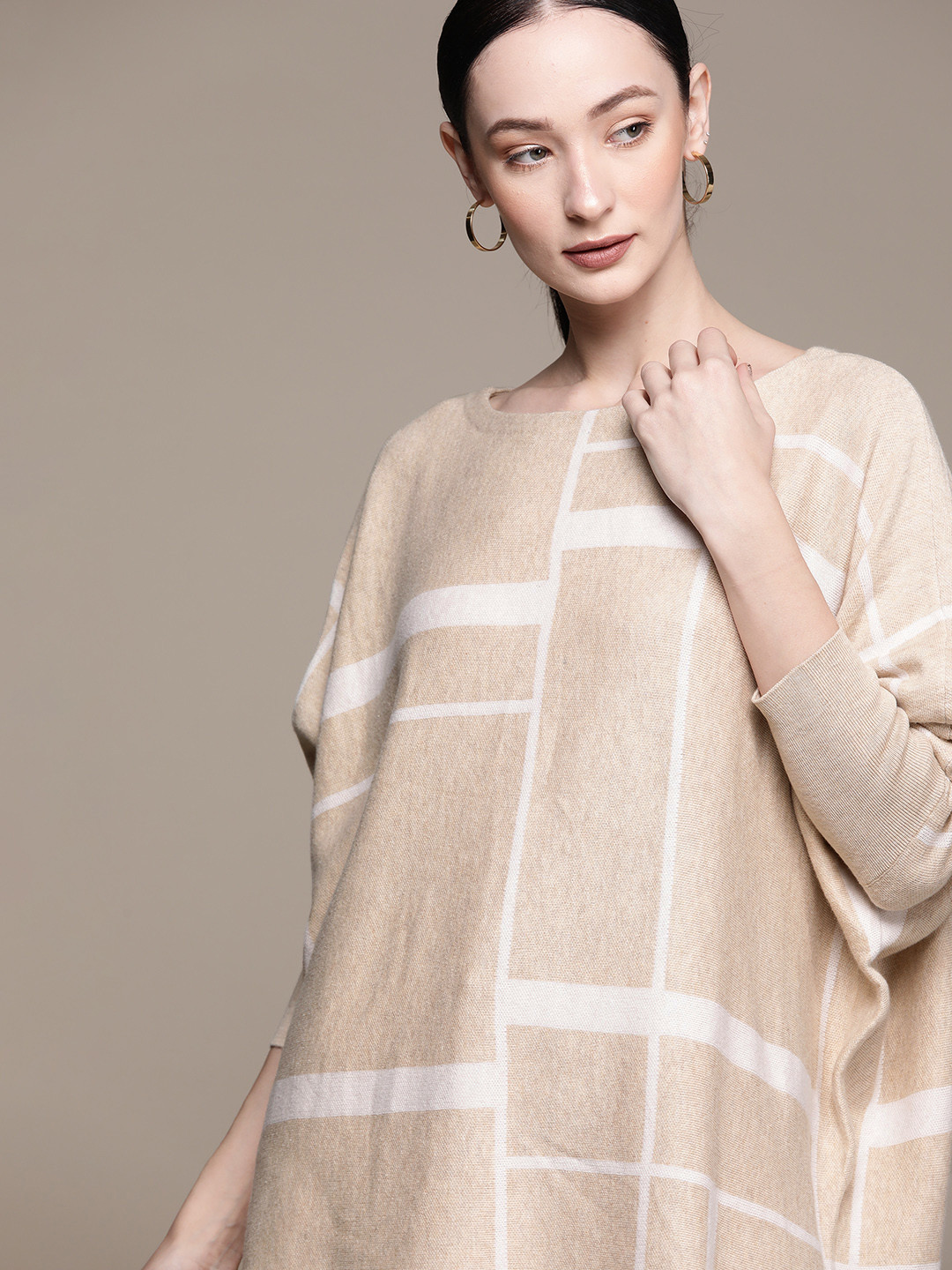 

Macy's Alfani Women Geometric Self Design Dolman Sleeves Longline Pullover, Beige