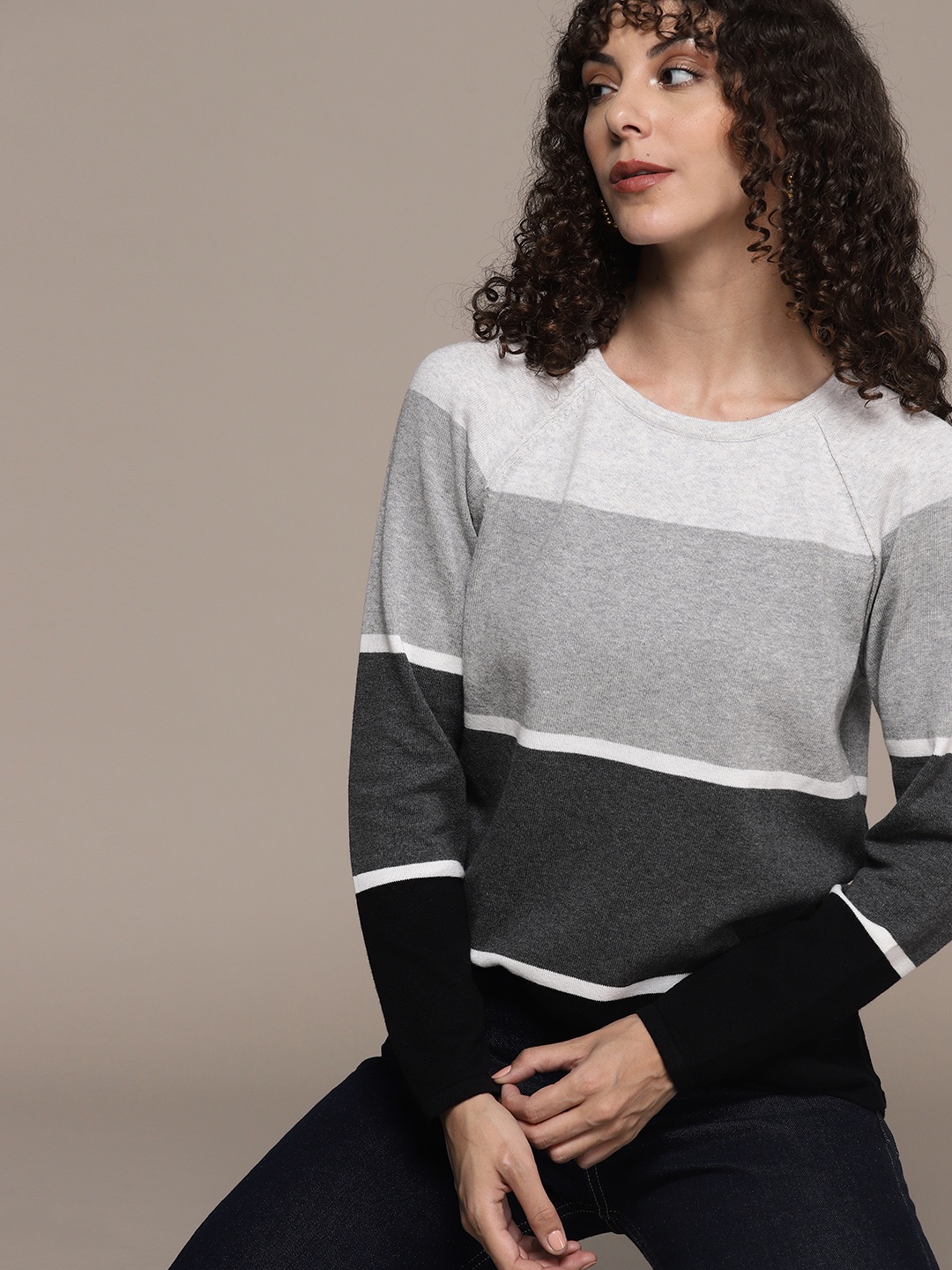 

Macy's Karen Scott Women Grey & Black Pure Cotton Striped Pullover