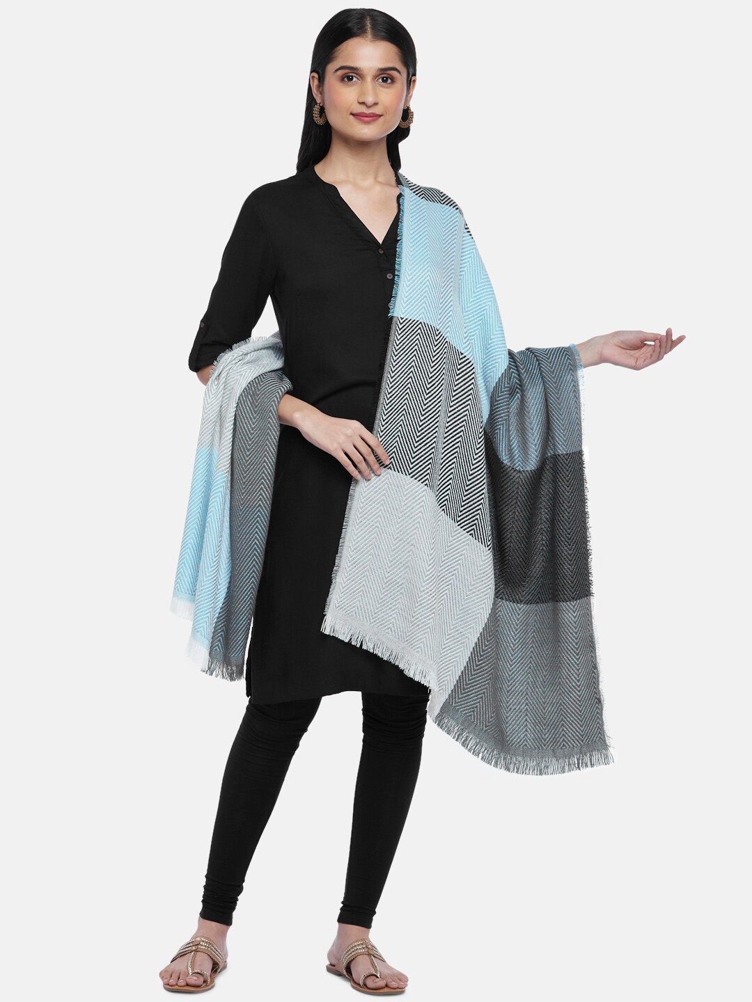 

RANGMANCH BY PANTALOONS Women Blue & Grey Woven Design Pure Acrylic Shawl