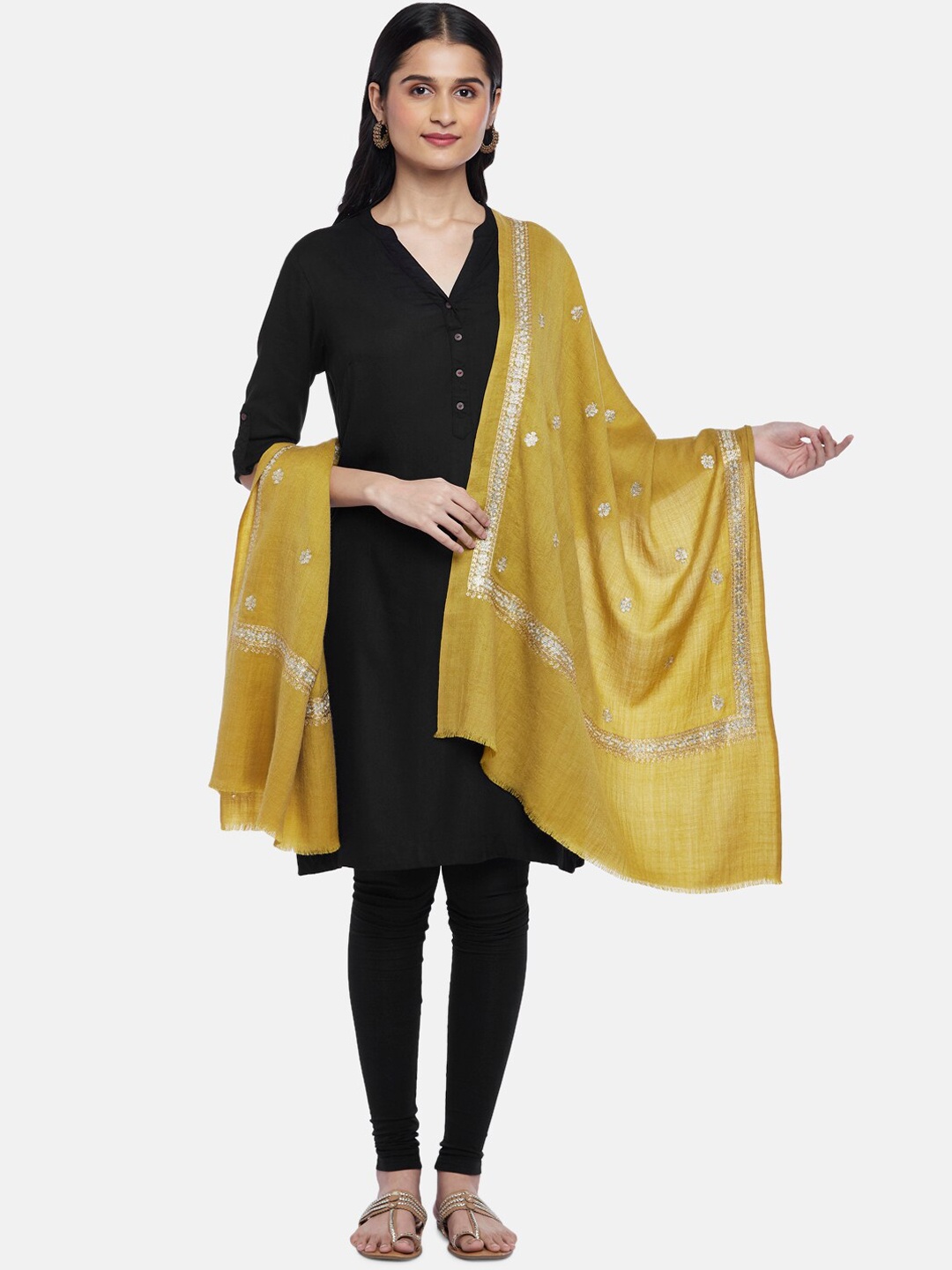 

RANGMANCH BY PANTALOONS Women Mustard Yellow Emberoidered Shawl