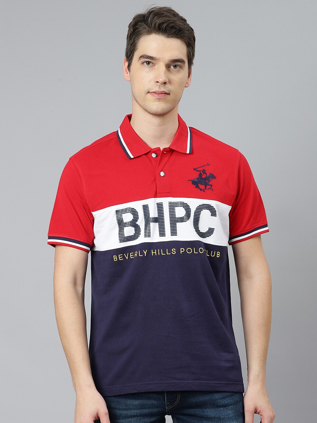 

Beverly Hills Polo Club Men Red & Navy Blue Typography Printed Polo Collar Cotton T-shirt