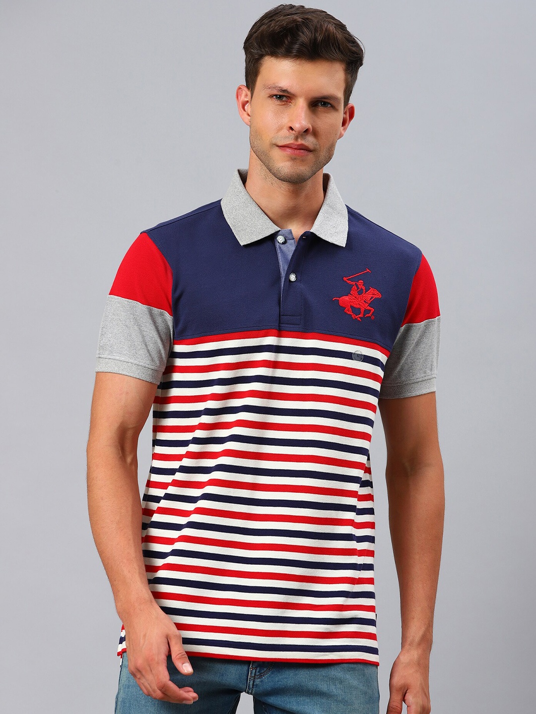 

Beverly Hills Polo Club Men Navy Blue & Grey Striped Polo Collar T-shirt