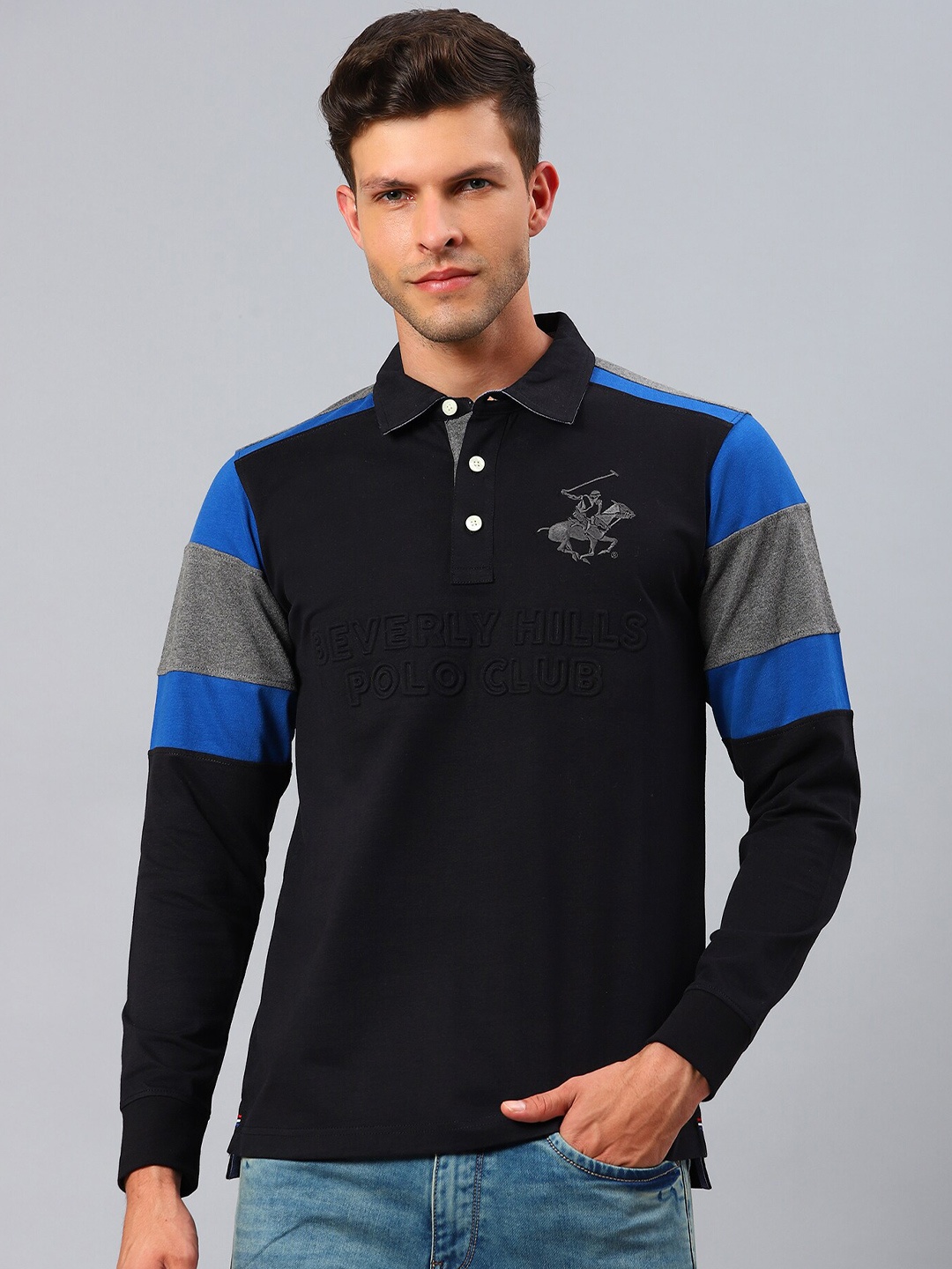 

Beverly Hills Polo Club Men Black & Grey Polo Collar Applique T-shirt