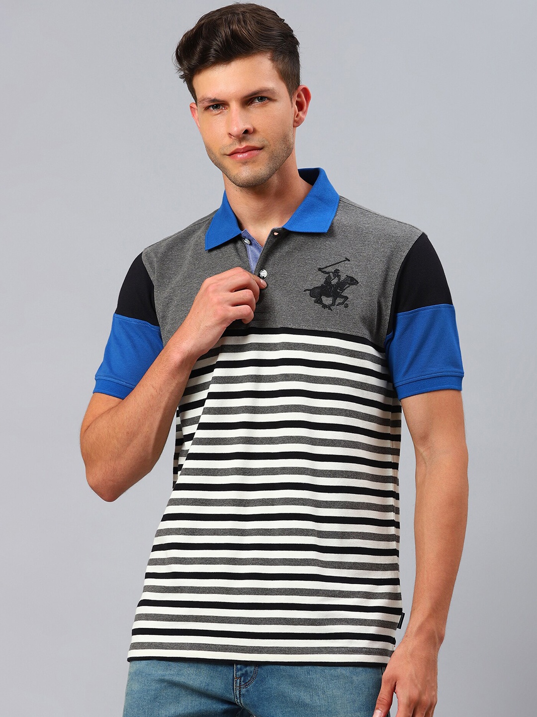 

Beverly Hills Polo Club Men Grey & Blue Striped Polo Collar T-shirt