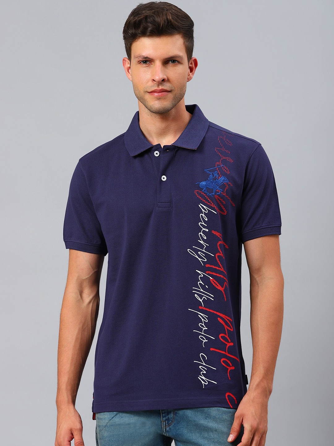 

Beverly Hills Polo Club Men Navy Blue Typography Printed Polo Collar T-shirt