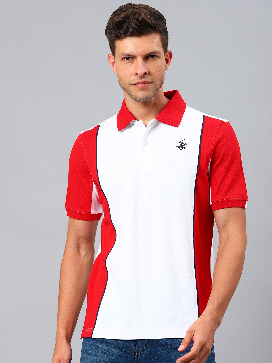 

Beverly Hills Polo Club Men Red & White Colourblocked Polo Collar T-shirt