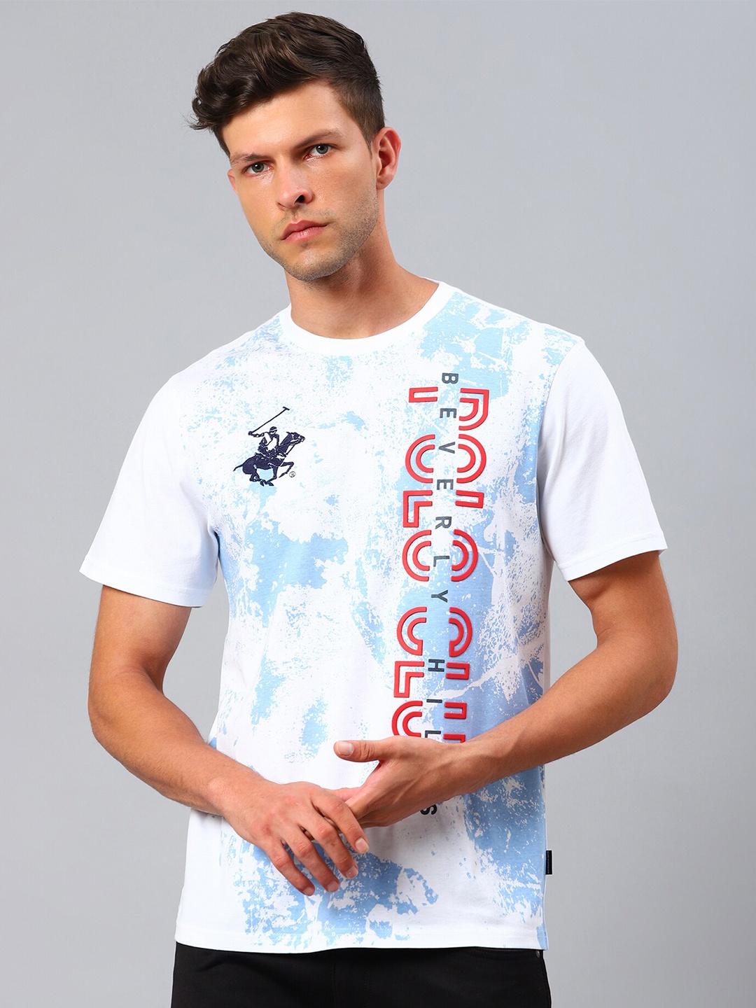 

Beverly Hills Polo Club Men White & Blue Typography Printed Raw Edge T-shirt