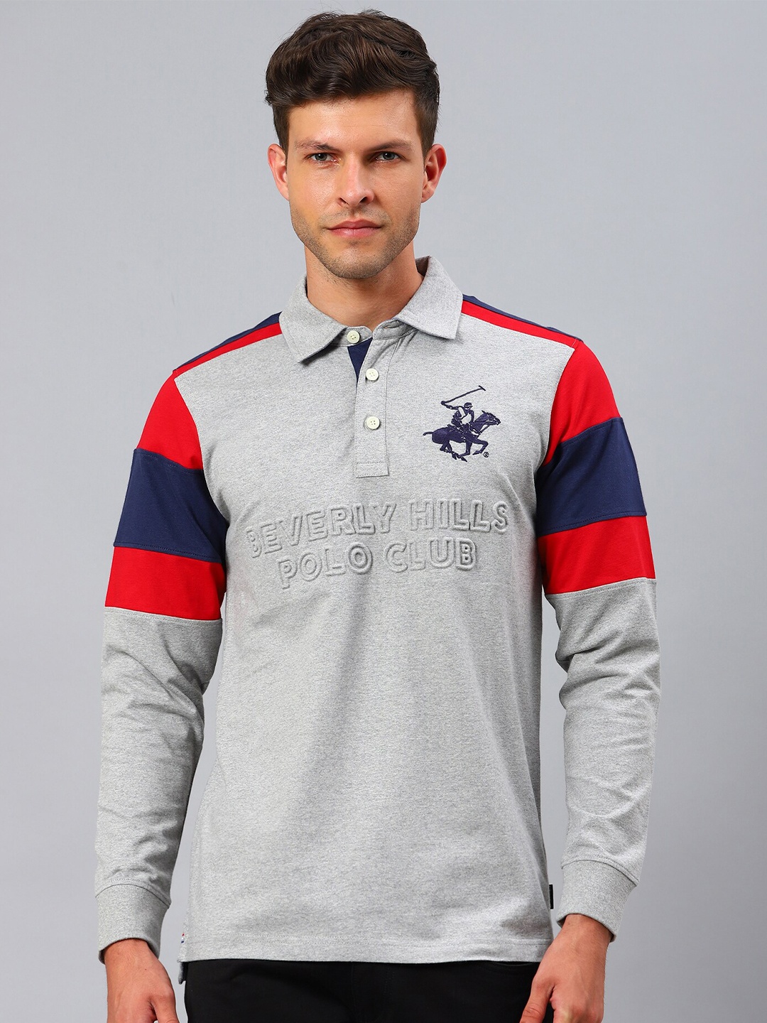 

Beverly Hills Polo Club Men Grey & Red Polo Collar Applique T-shirt
