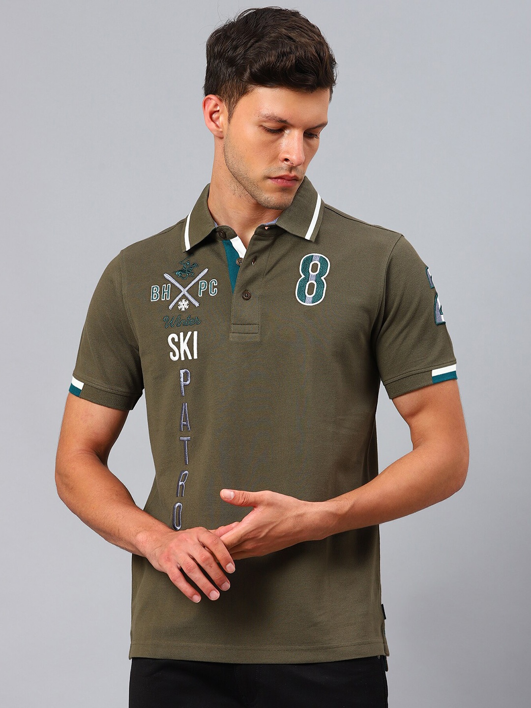 

Beverly Hills Polo Club Men Green Typography Polo Collar Applique T-shirt