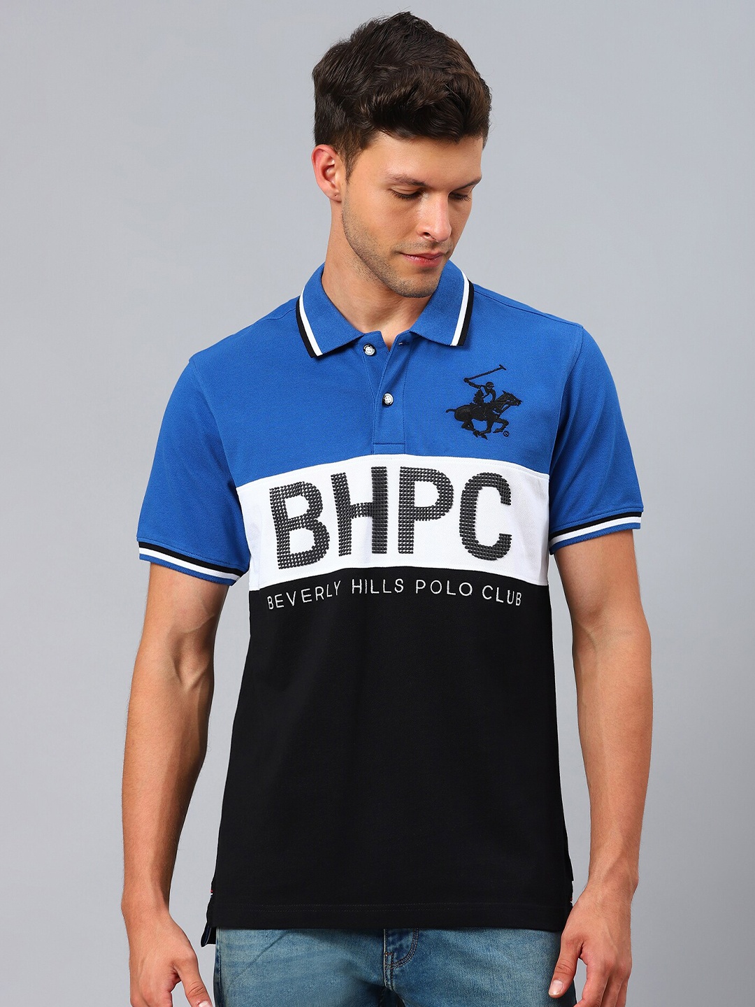 

Beverly Hills Polo Club Men Blue & Black Typography Printed Polo Collar T-shirt