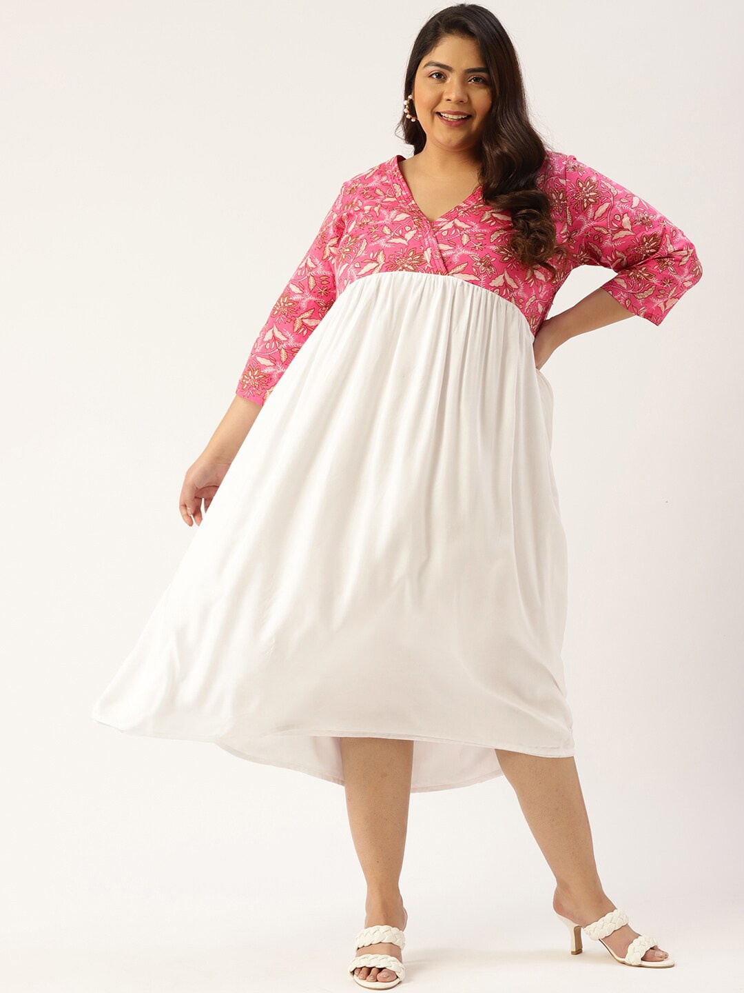 

theRebelinme Plus Size Women Pink & White Floral Cotton Midi Dress