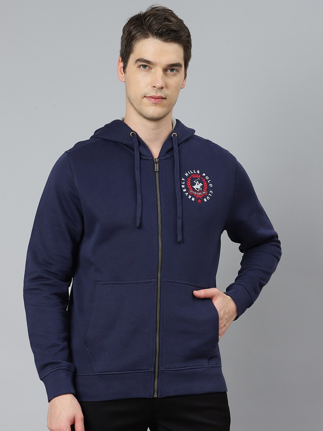 

Beverly Hills Polo Club Men Navy Blue Solid Open Front Hooded Sweatshirt