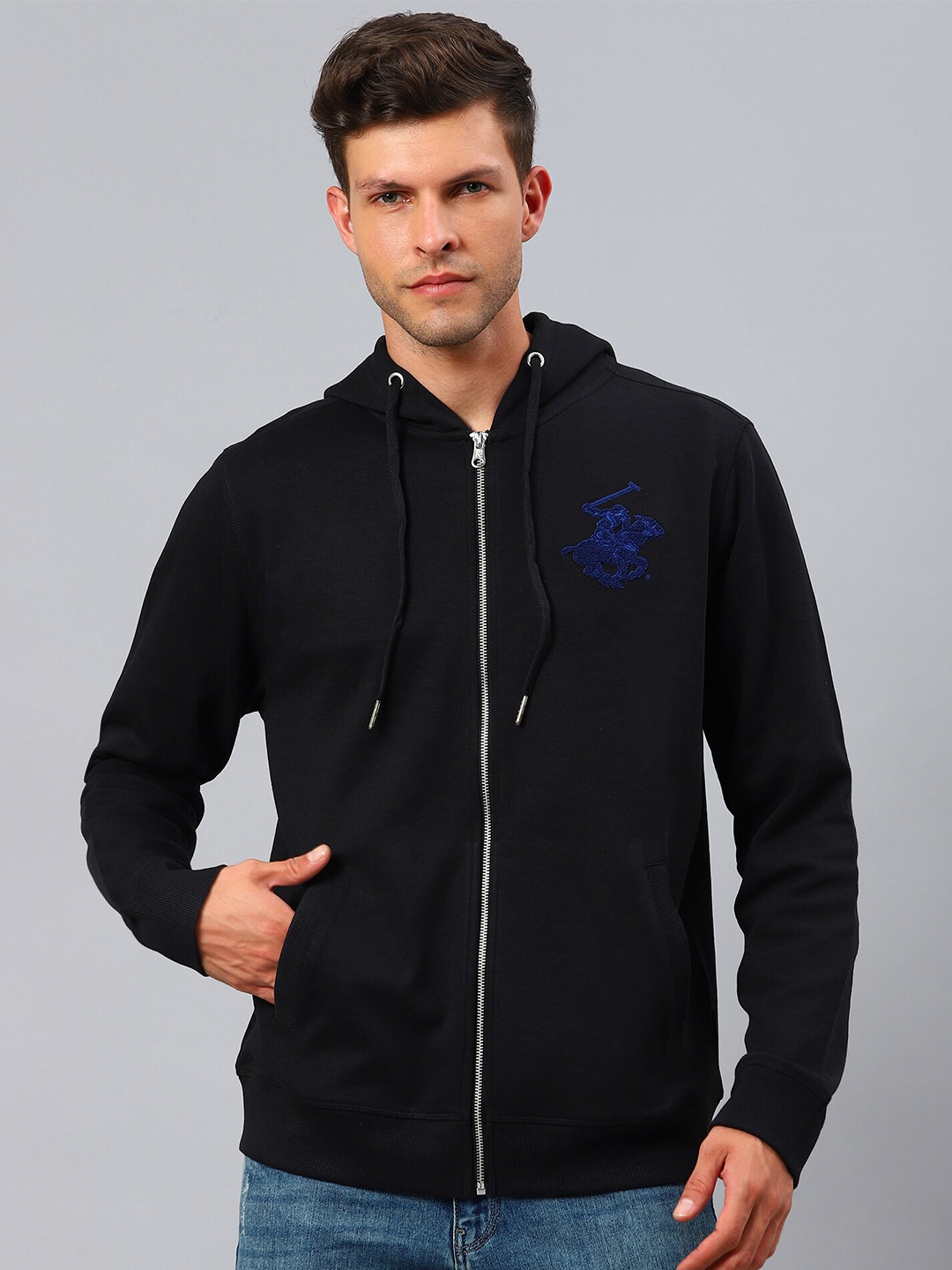 

Beverly Hills Polo Club Men Black Solid Open Front Hoodie Sweatshirt