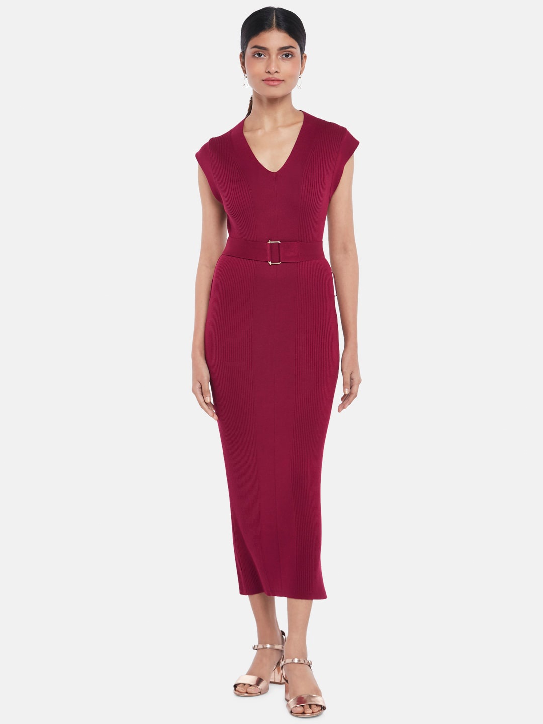 

Annabelle by Pantaloons V-Neck Solid Sheath Midi Dress, Maroon