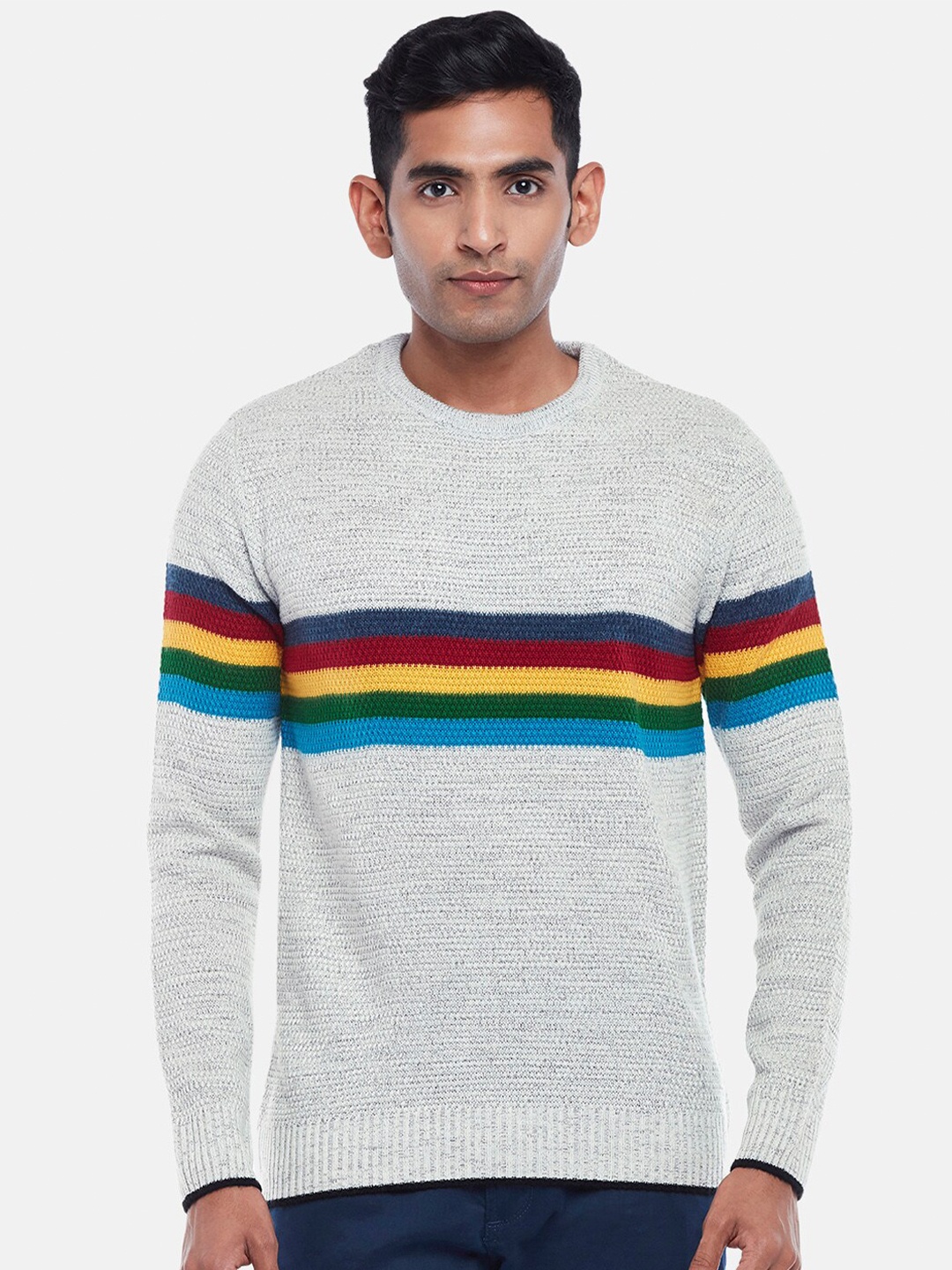 

BYFORD by Pantaloons Men Grey & Blue Striped Pullover