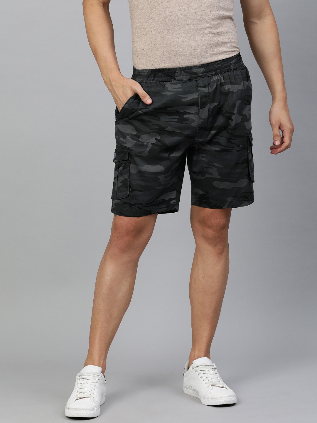 

ADBUCKS Men Blue & Charcoal Grey Camouflage Printed Pure Cotton Cargo Shorts