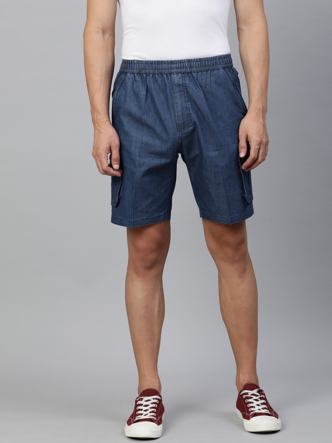 

ADBUCKS Men Navy Blue Solid Pure Cotton Denim Cargo Shorts