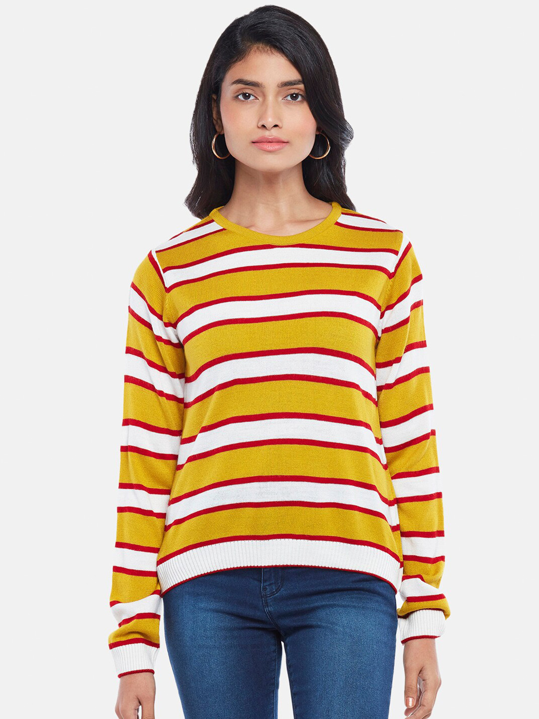 

People Women Mustard & White Striped Pullover