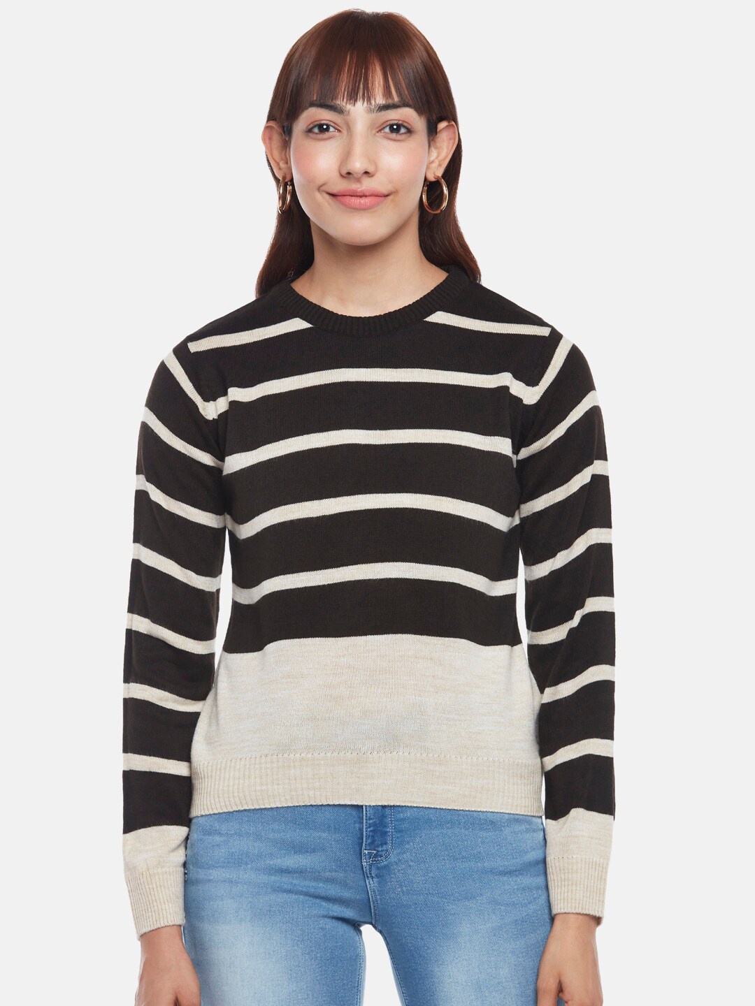 

People Women Brown & White Striped Pullover