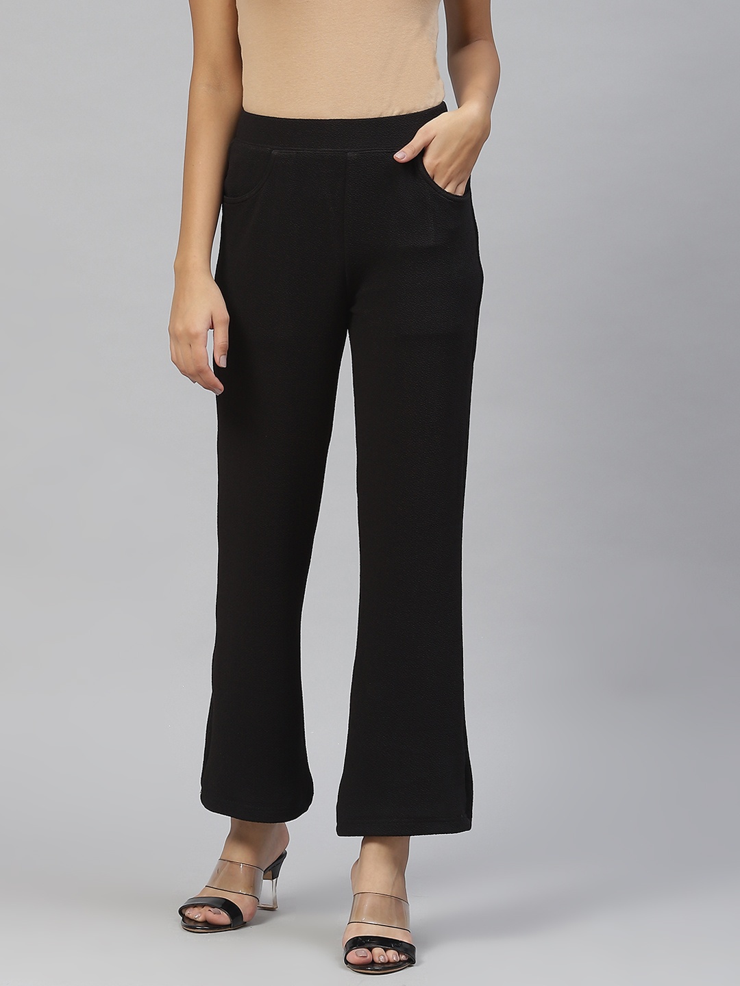 

RIVI Women Black Relaxed Flared Easy Wash Trousers