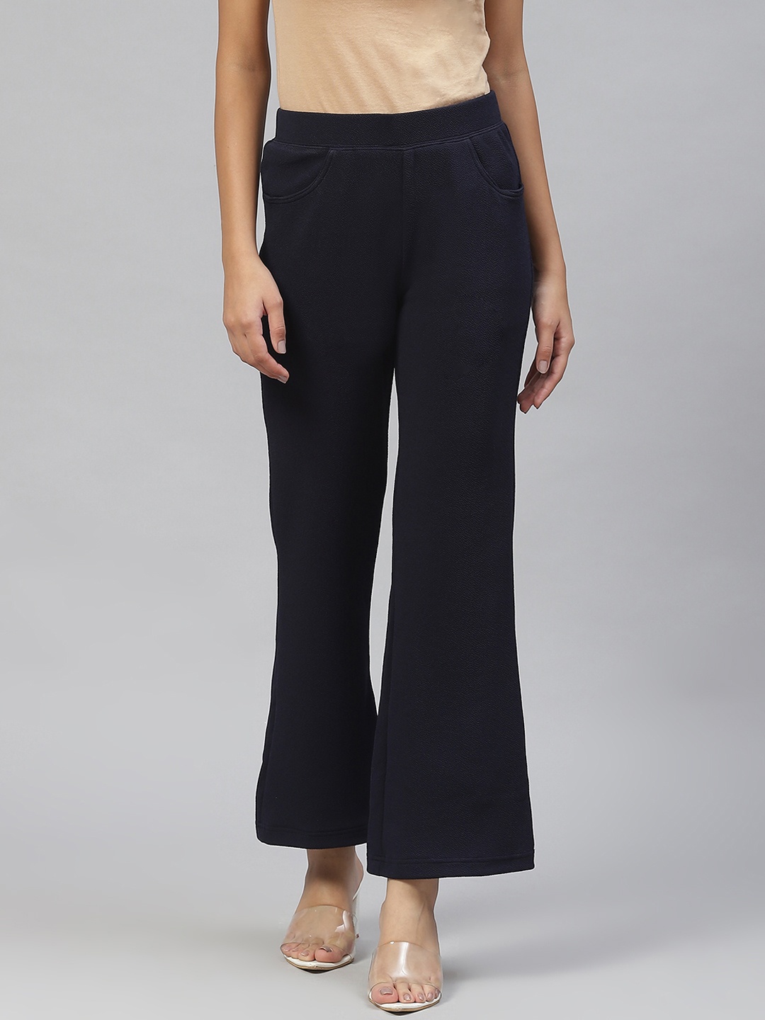 

RIVI Women Navy Blue Relaxed Flared Easy Wash Trousers
