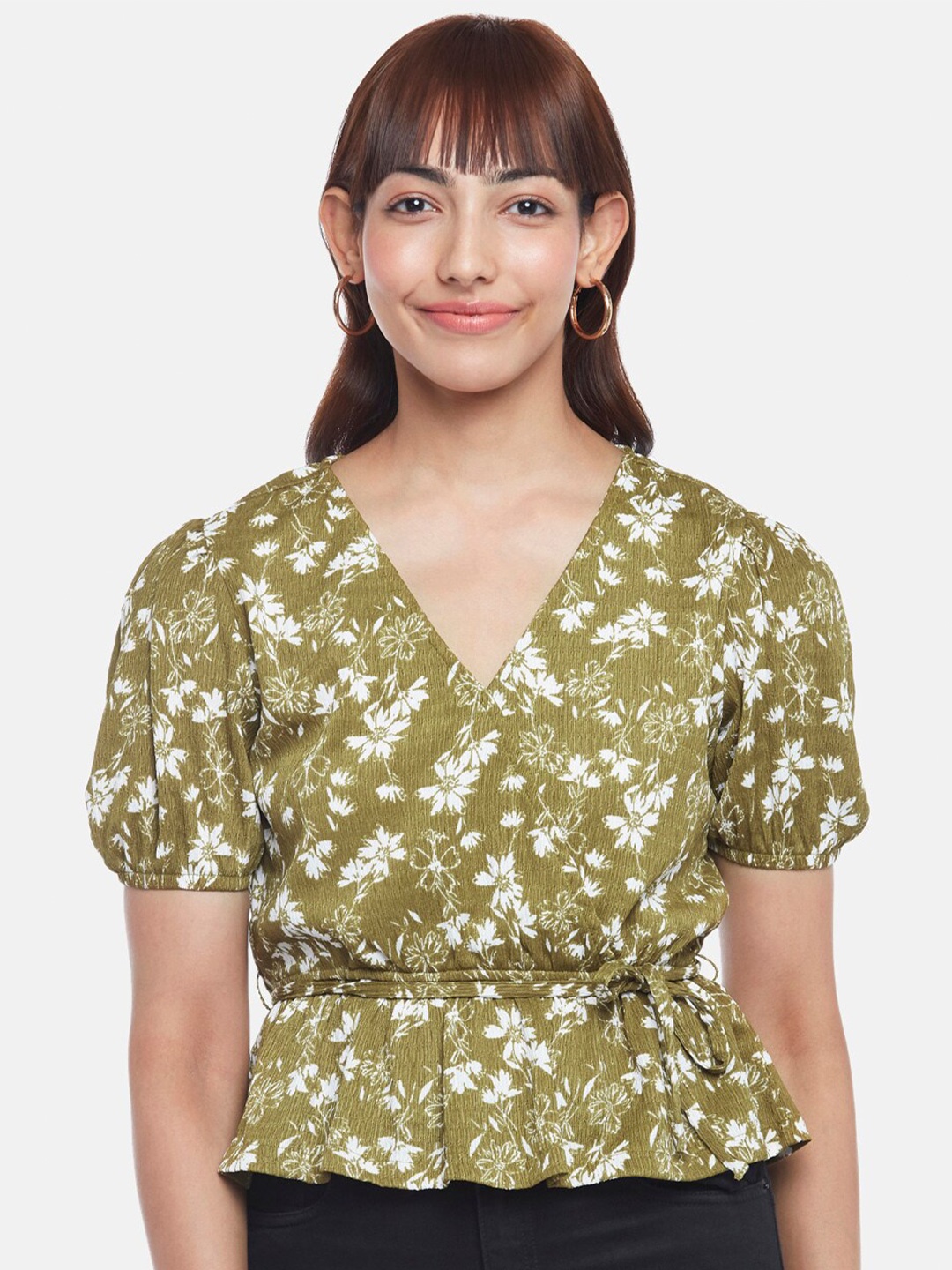 

Honey by Pantaloons Women Olive Green & White Floral Print Wrap Crop Top