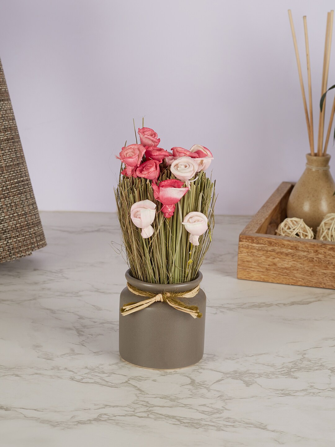 

HomeTown Pink & Green Fleur Dried Rose Artificial Flowers In Ceramic Jar