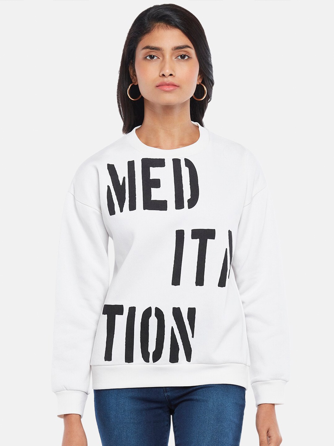 

People Women Off White Printed Sweatshirt