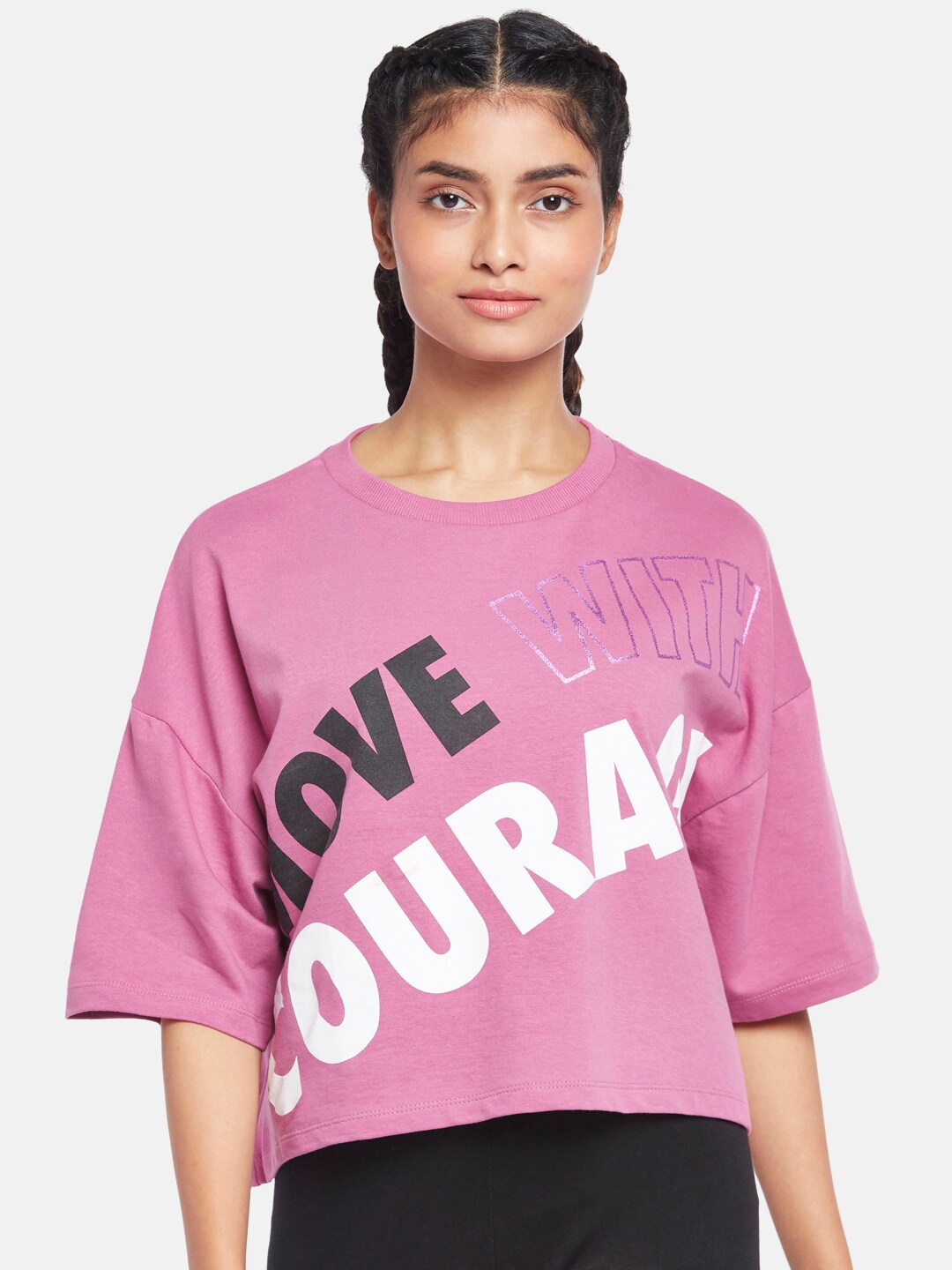 

Ajile by Pantaloons Women Pink Typography Print Extended Sleeves Boxy Top