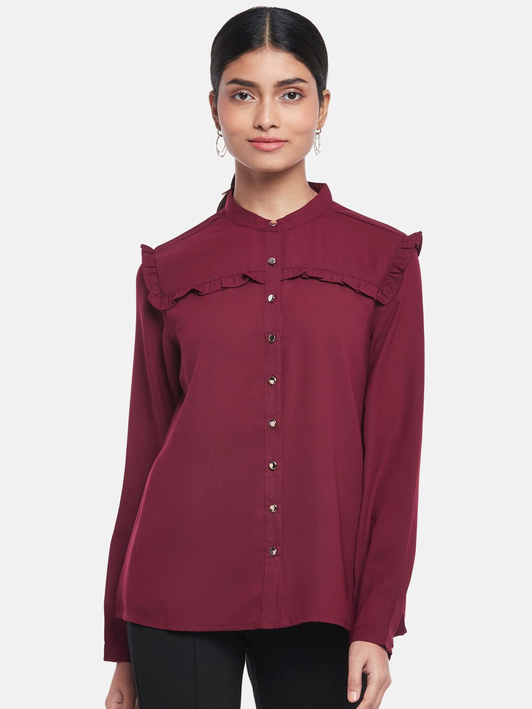 

Annabelle by Pantaloons Red Solid Mandarin Collar Shirt Style Top